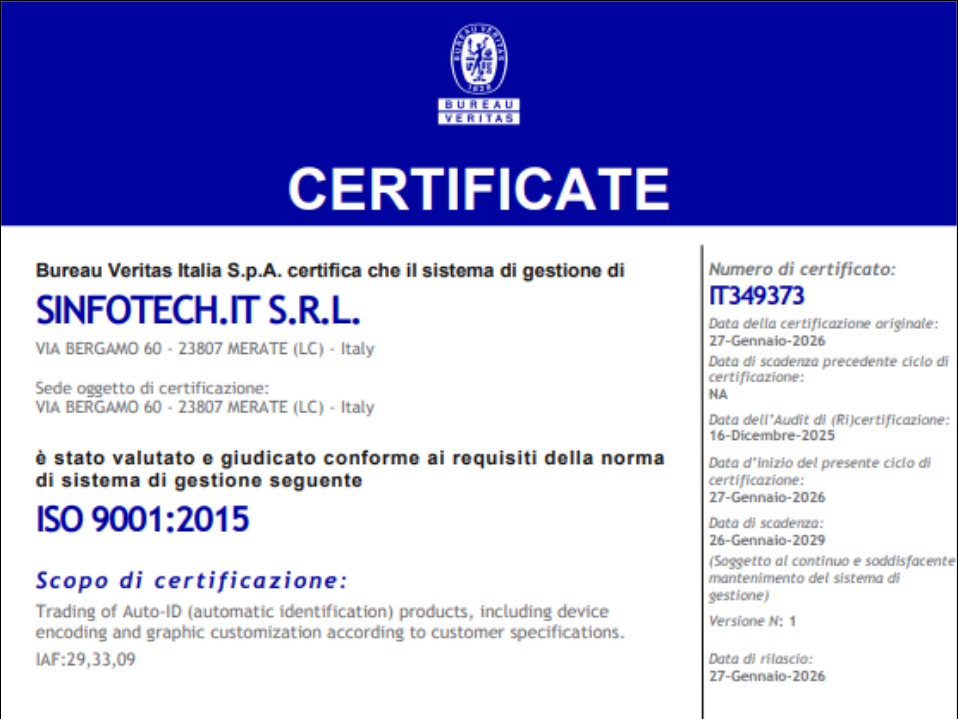 Sinfotech ottiene la Certificazione ISO 9001:2015